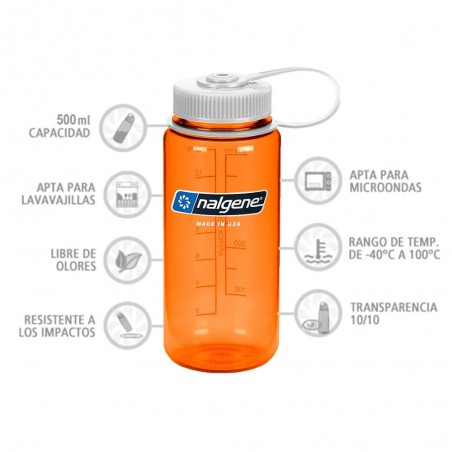 Nalgene Boca Ancha naranja tapón blanco 500 ml – Botella cantimplora